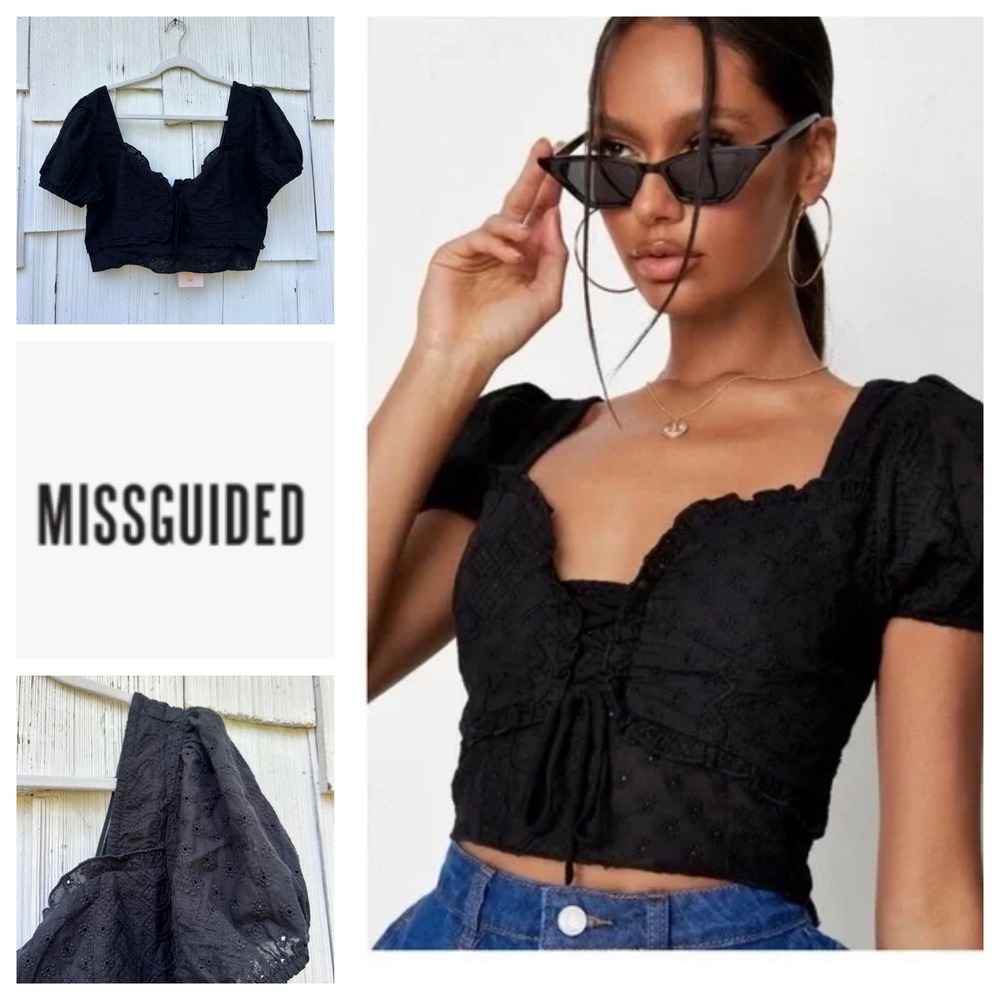 Missguided Black Eyelet Broderie Milkmaid‎ Crop Top Puff Sleeve Lace Up